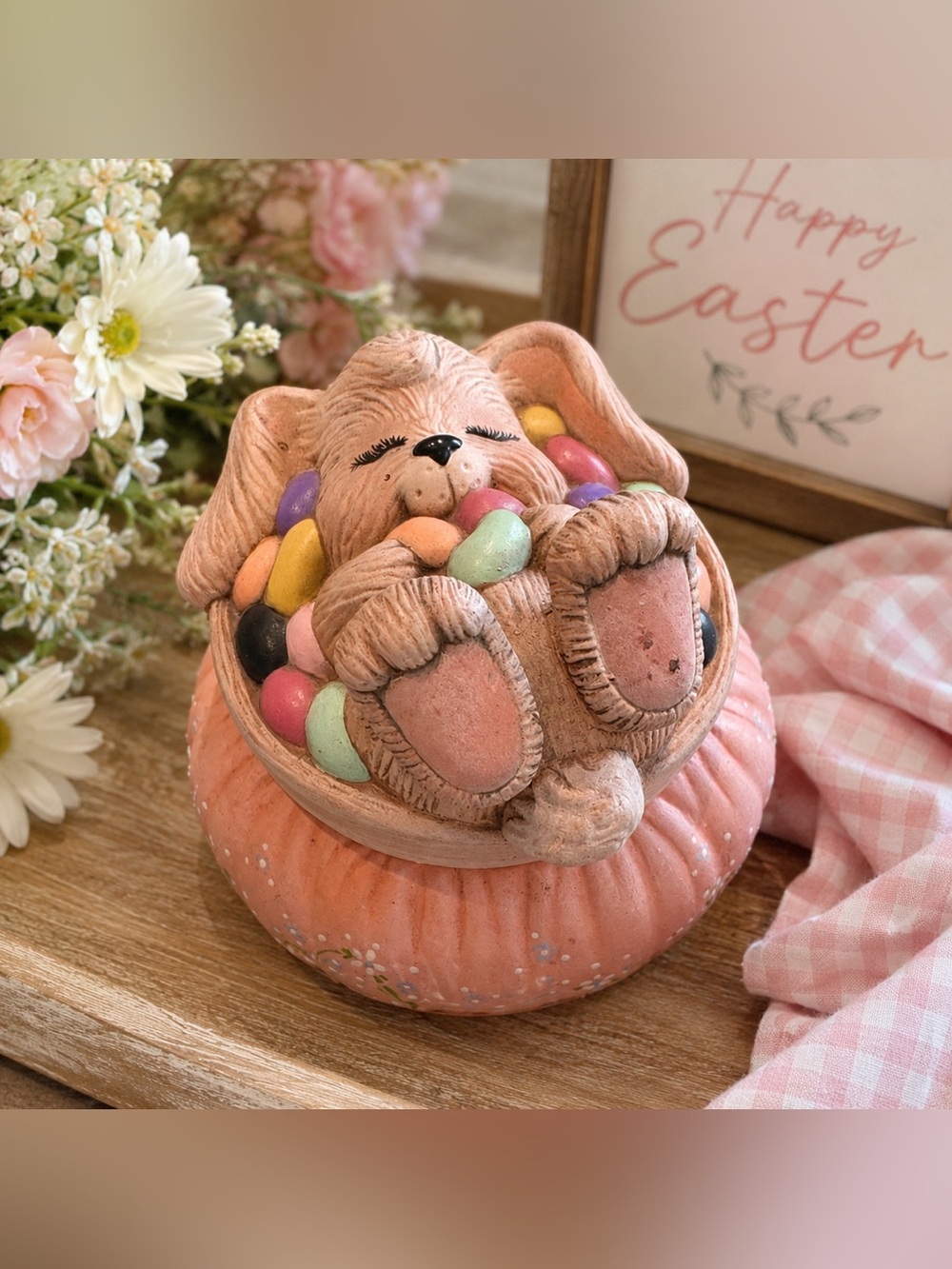 Vintage Easter Bunny Candy Egg Trinket Box Ceramic Bunny Rabbit Decor